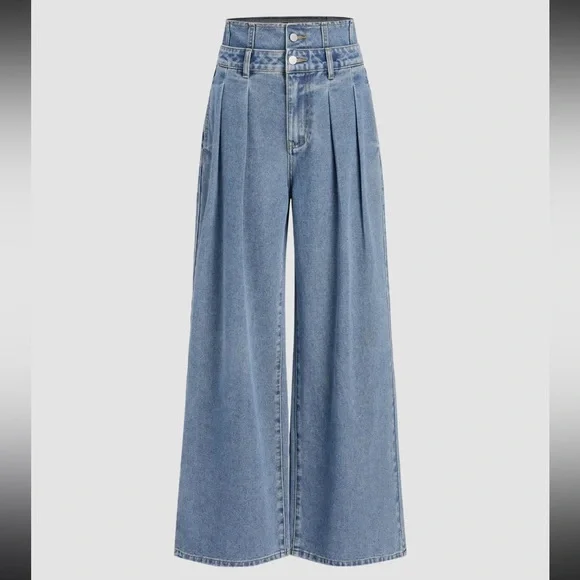 NWT Cider DOUBLE HIGH RISE SOLID BUTTON Wide Leg Jeans Light / Medium Wash - Picture 1 of 13